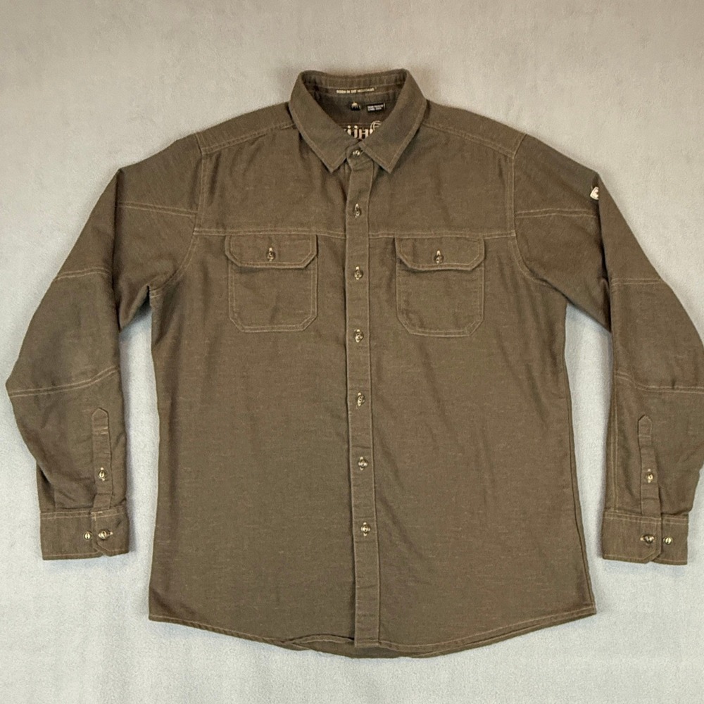 Kuhl Button Up Shirt Mens Large Olive Brown Herringbone Hiking Utility Outdoors - Picture 5 of 14